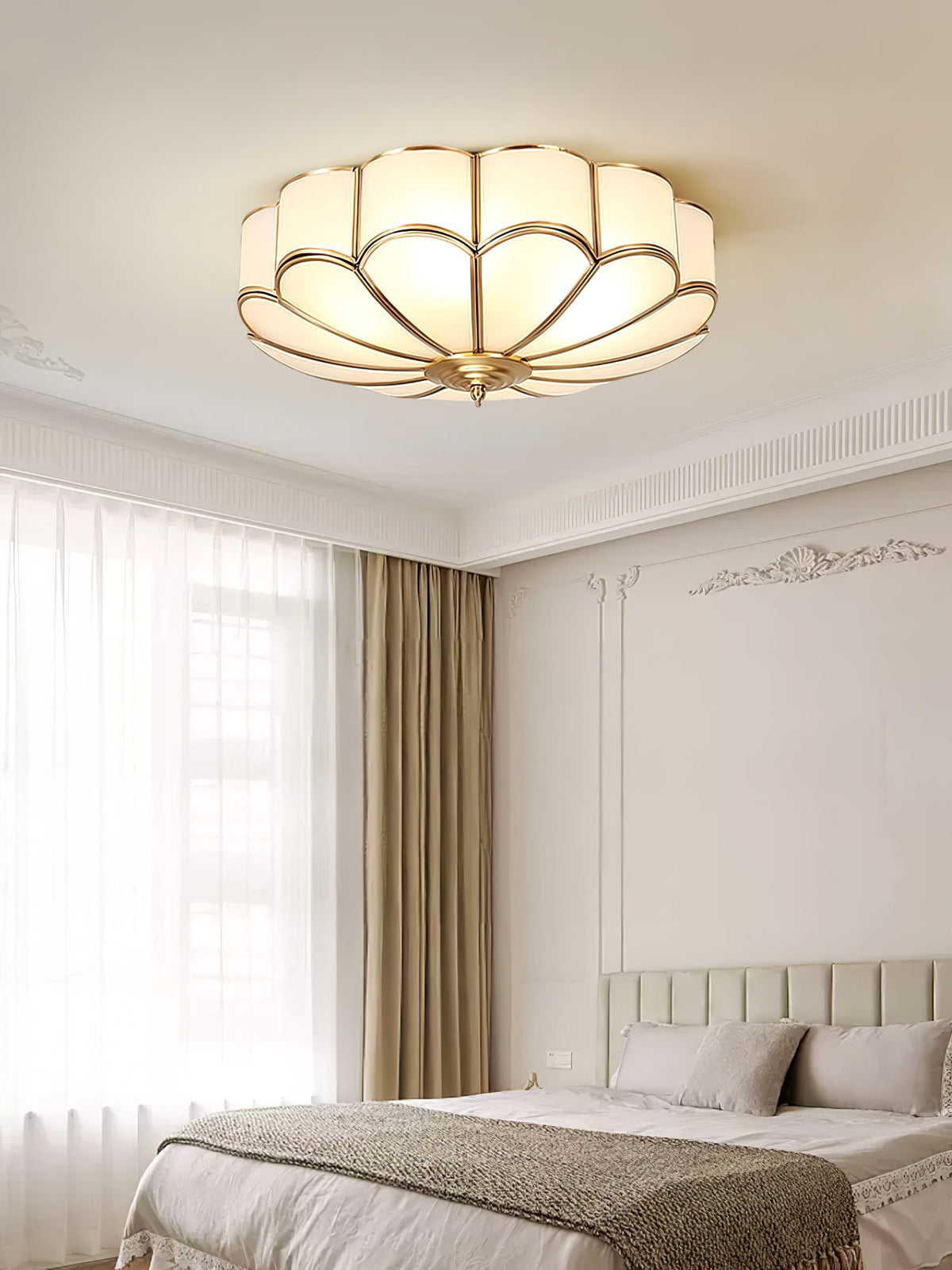 Brass Flower Semi Flush Mount Ceiling Light, Frosted Glass