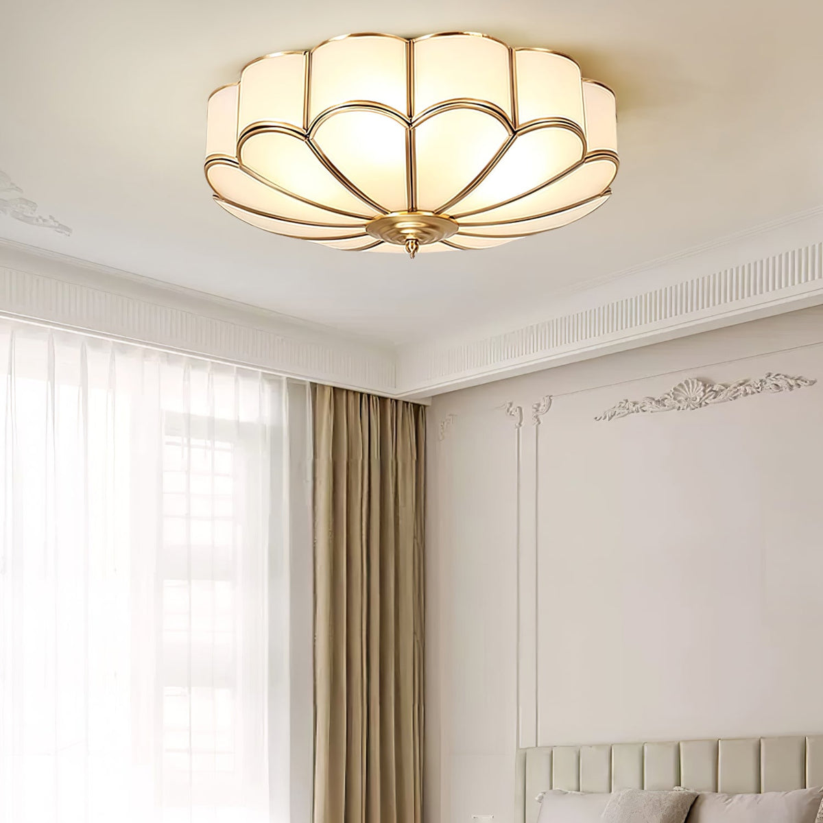 Brass Flower Semi Flush Mount Ceiling Light, Frosted Glass