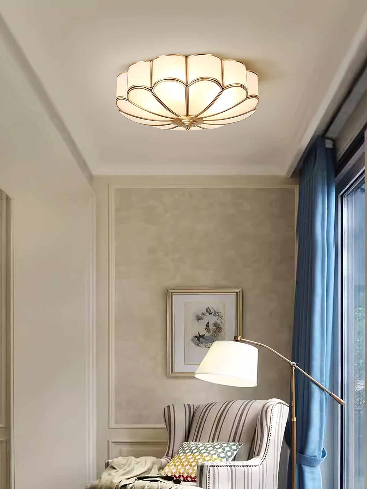 Brass Flower Semi Flush Mount Ceiling Light, Frosted Glass