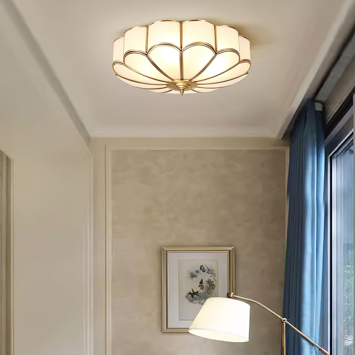 Brass Flower Semi Flush Mount Ceiling Light, Frosted Glass
