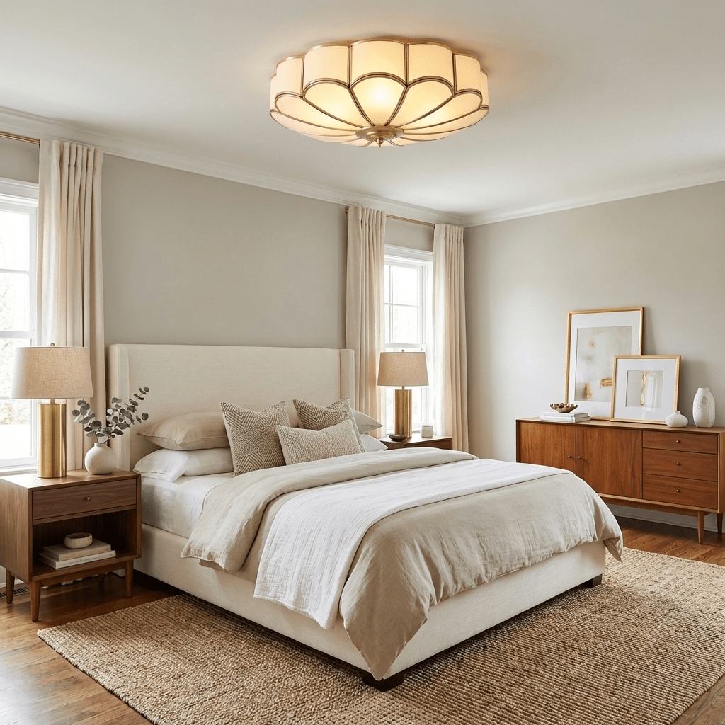 Brass Flower Semi Flush Mount Ceiling Light, Frosted Glass