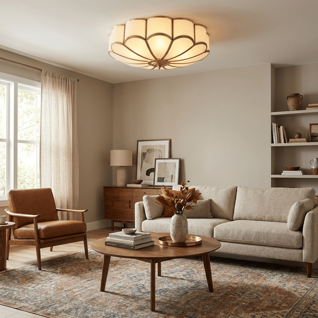 Brass Flower Semi Flush Mount Ceiling Light, Frosted Glass