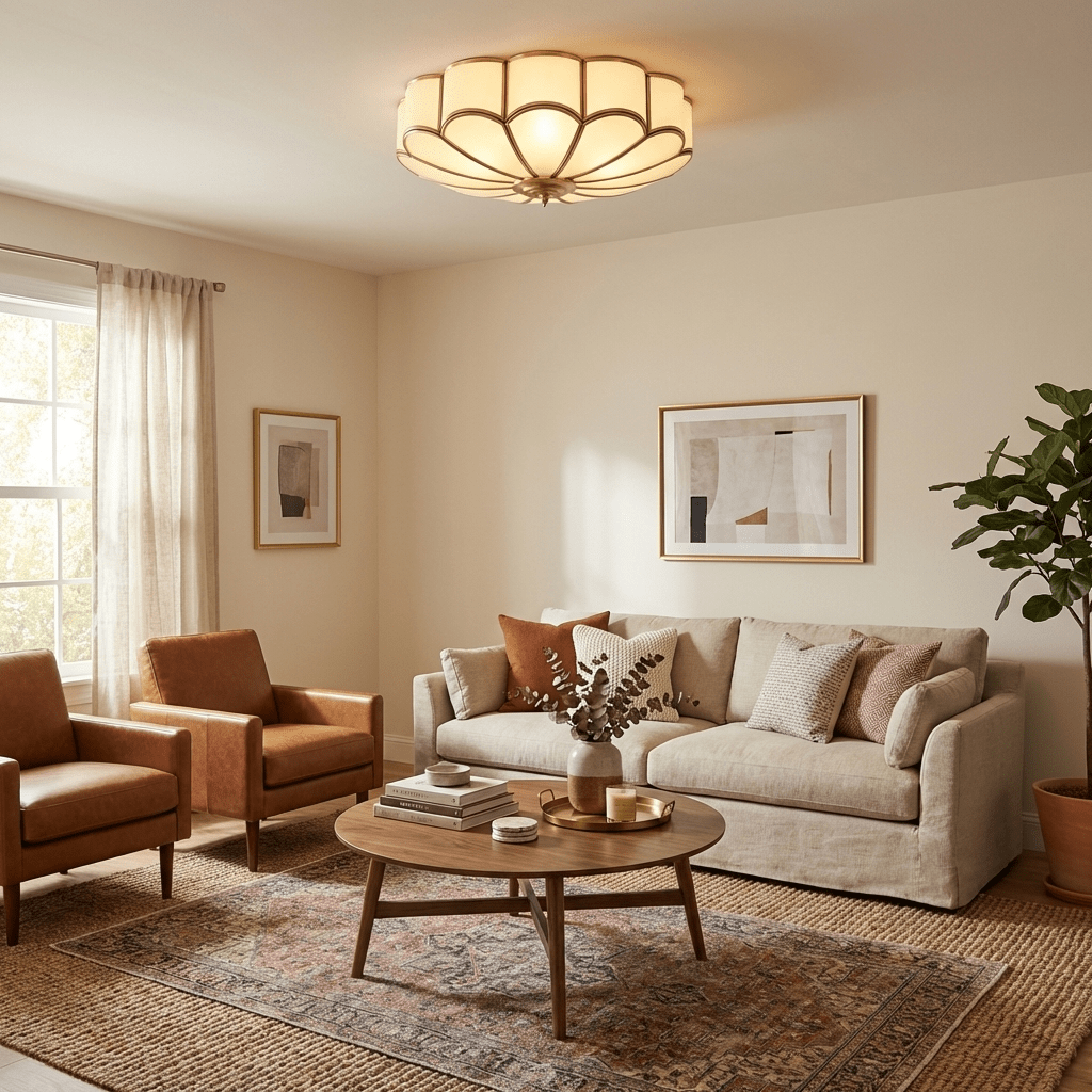 Brass Flower Semi Flush Mount Ceiling Light, Frosted Glass