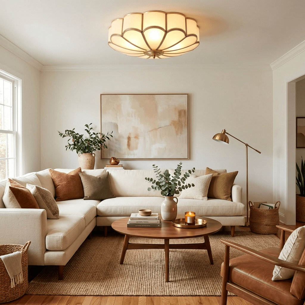 Brass Flower Semi Flush Mount Ceiling Light, Frosted Glass