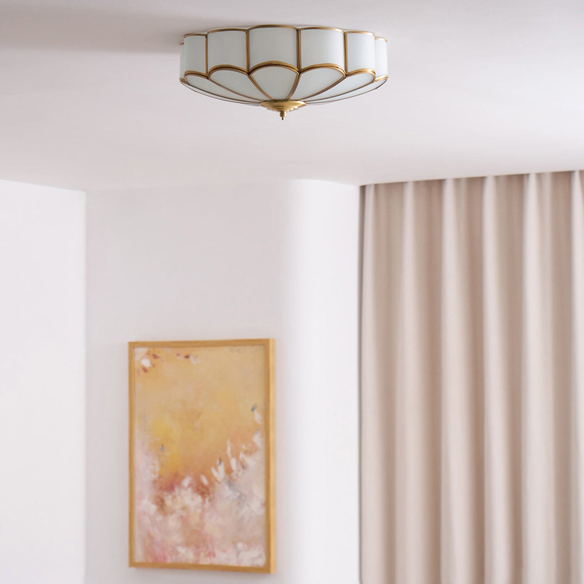 Brass Flower Semi Flush Mount Ceiling Light, Frosted Glass