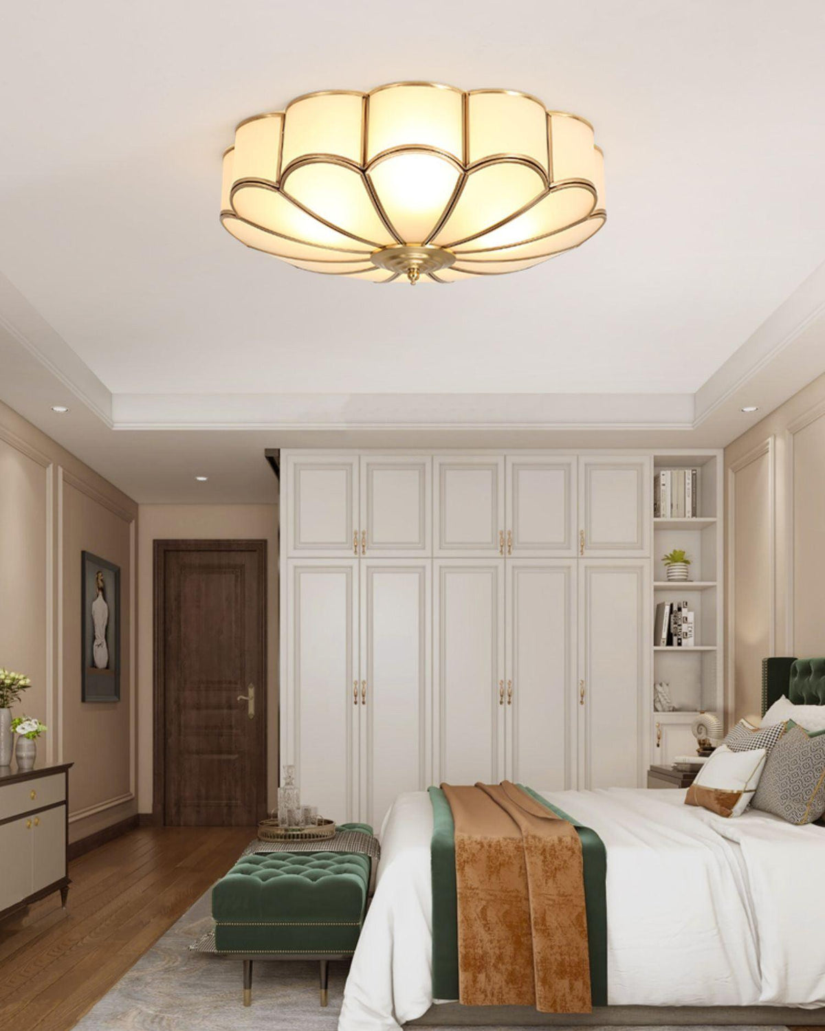 Brass Flower Semi Flush Mount Ceiling Light, Frosted Glass