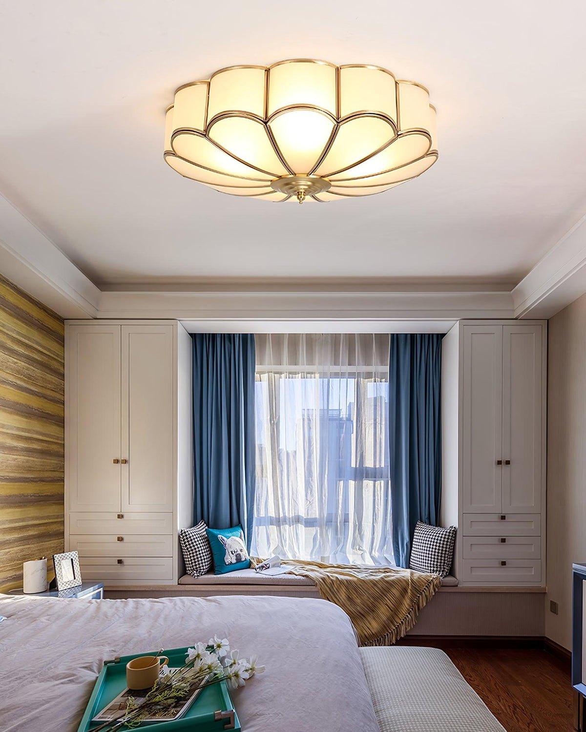 Brass Flower Semi Flush Mount Ceiling Light, Frosted Glass