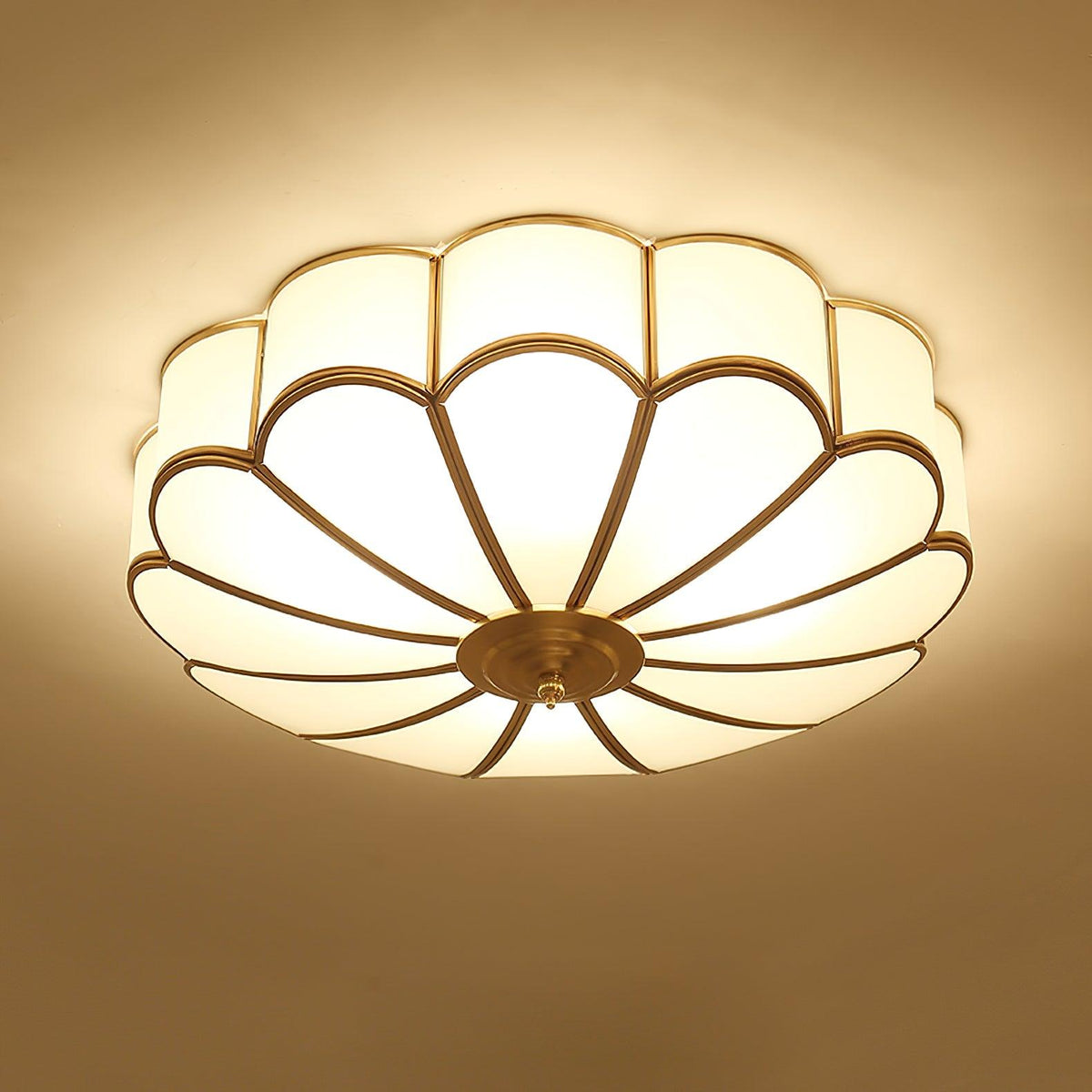 Brass Flower Semi Flush Mount Ceiling Light, Frosted Glass