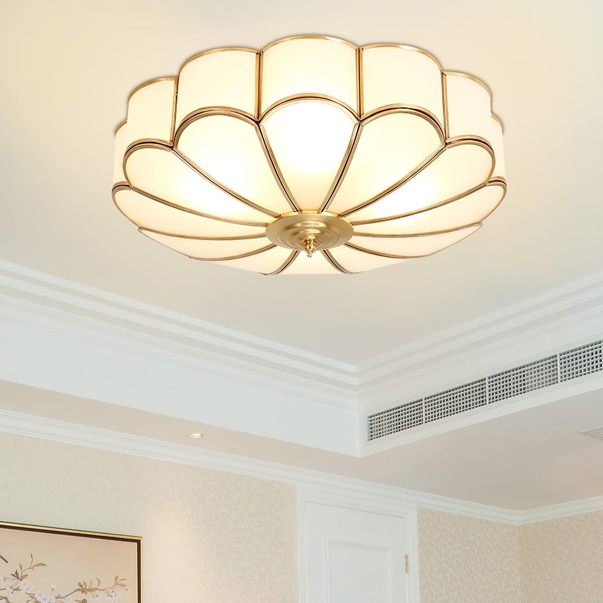 Brass Flower Semi Flush Mount Ceiling Light, Frosted Glass