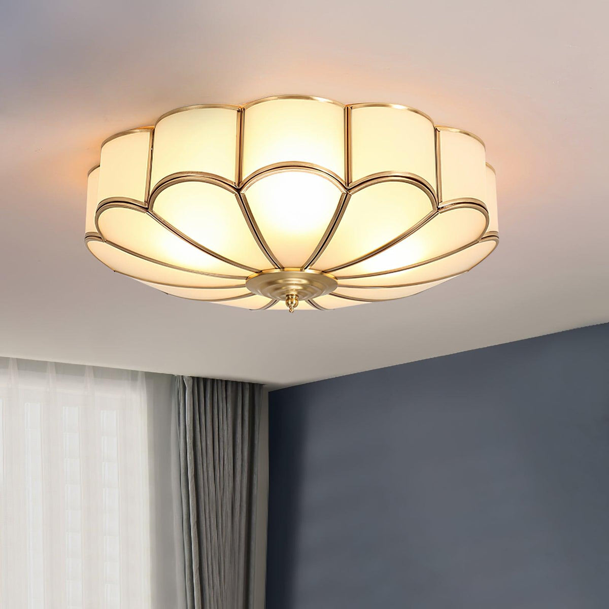 Brass Flower Semi Flush Mount Ceiling Light, Frosted Glass