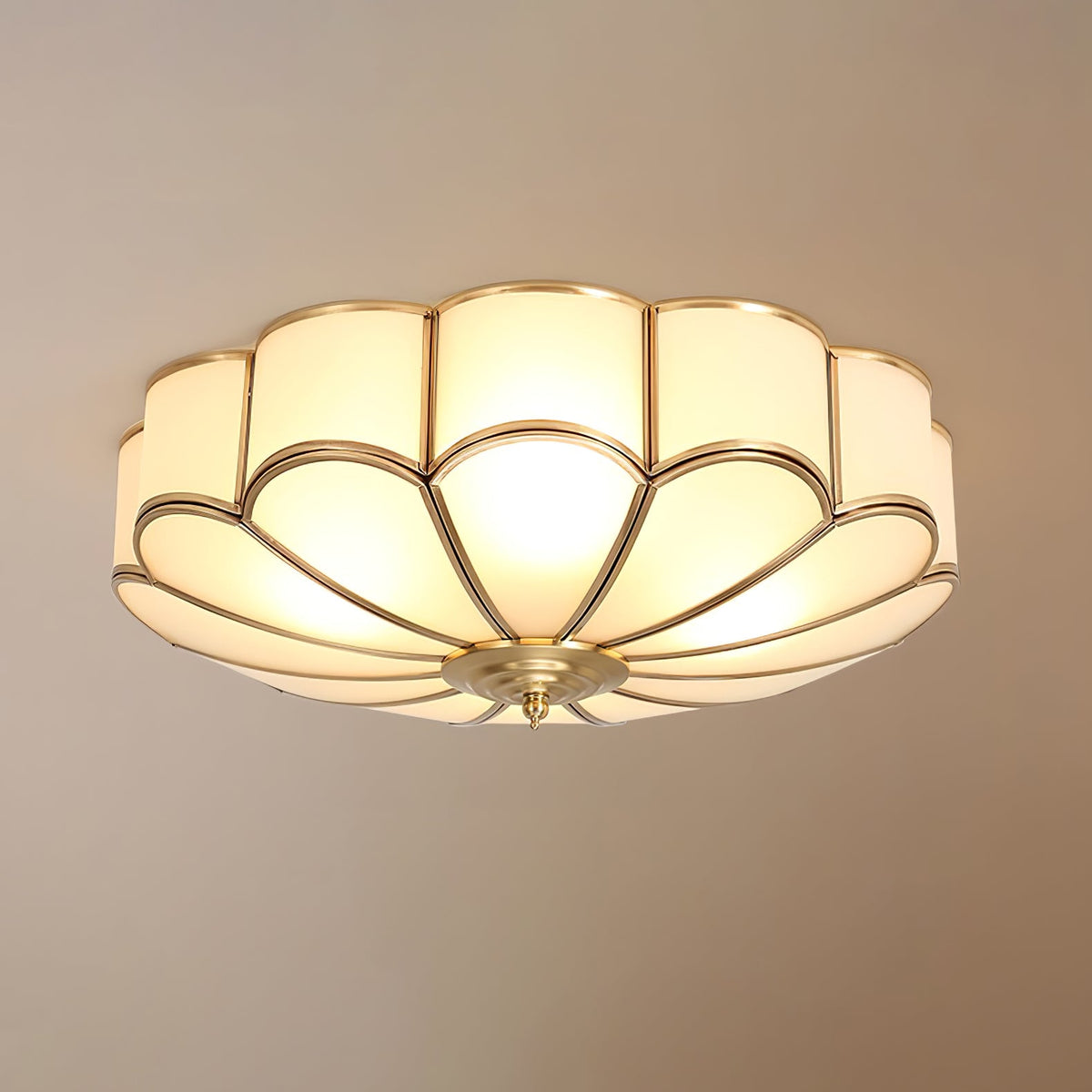 Brass Flower Semi Flush Mount Ceiling Light, Frosted Glass