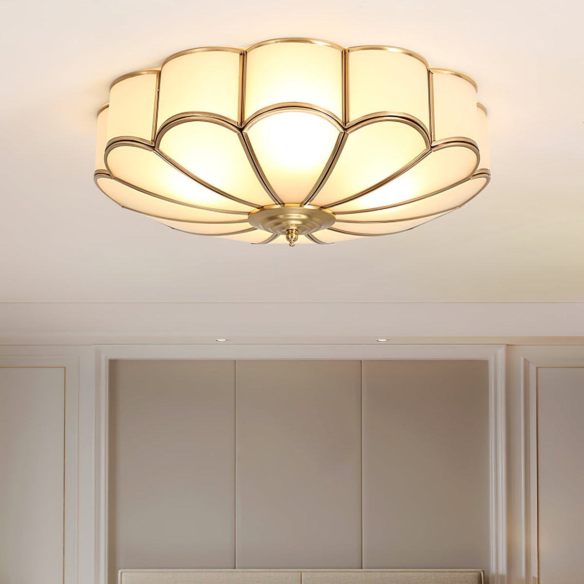 Brass Flower Semi Flush Mount Ceiling Light, Frosted Glass