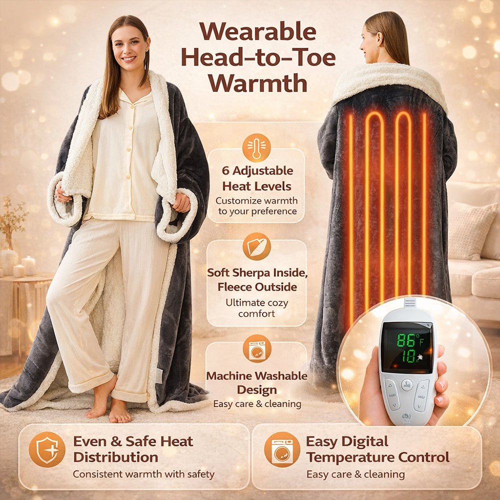 Wearable Heated Blanket, Sherpa Fleece with Foot Pocket