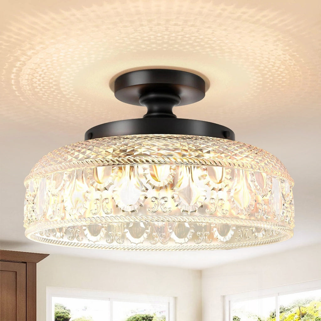 Textured Glass Ceiling Light, Carved Disc Flush Mount