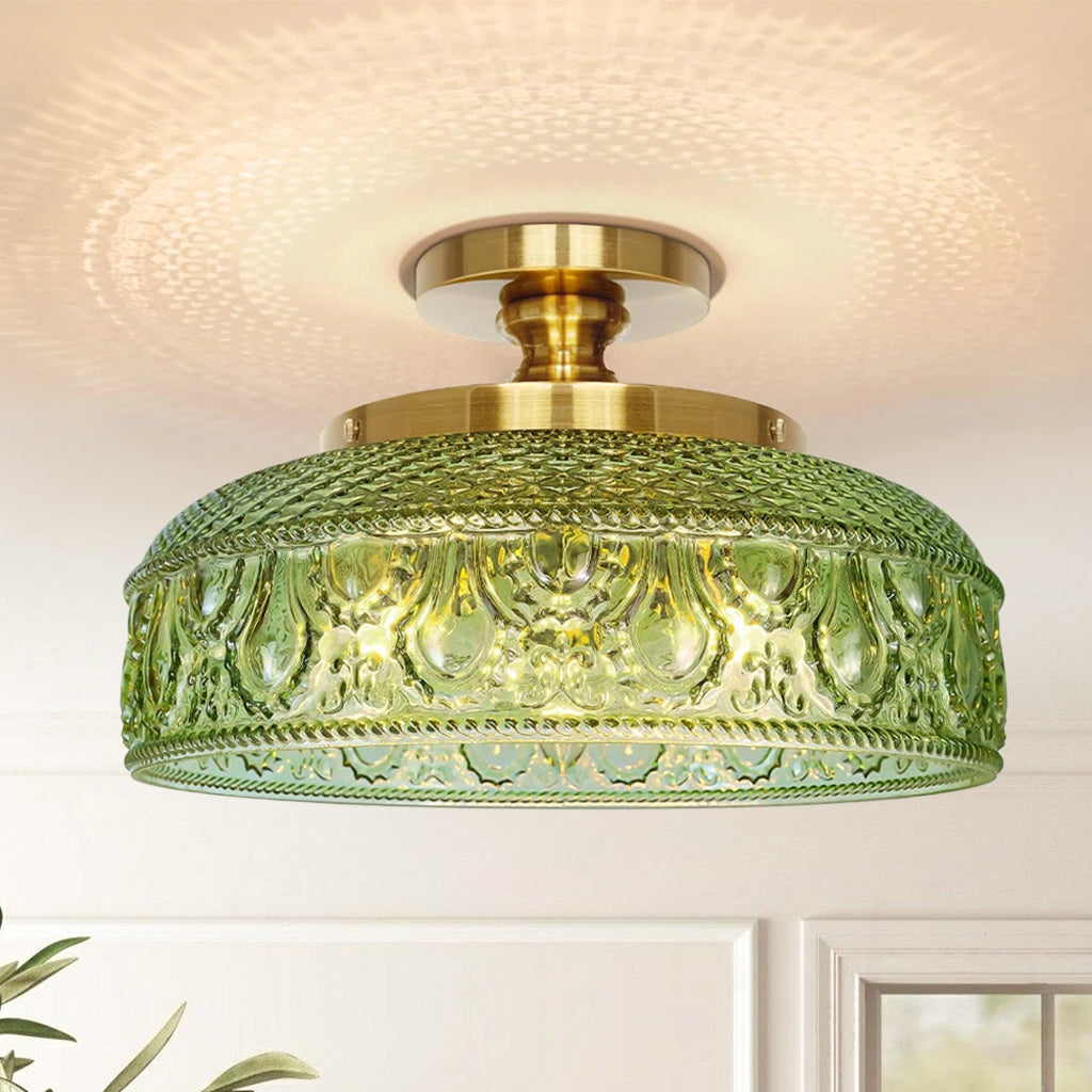 Textured Glass Ceiling Light, Carved Disc Flush Mount