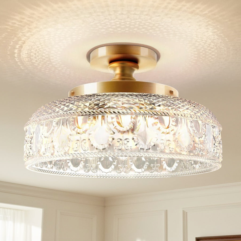 Textured Glass Ceiling Light, Carved Disc Flush Mount