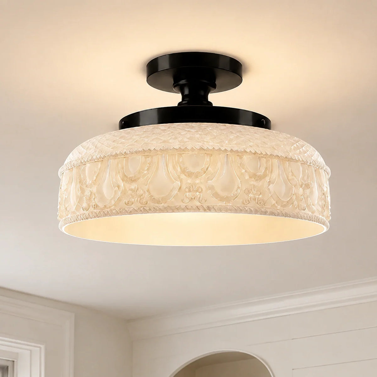 Textured Glass Ceiling Light, Carved Disc Flush Mount