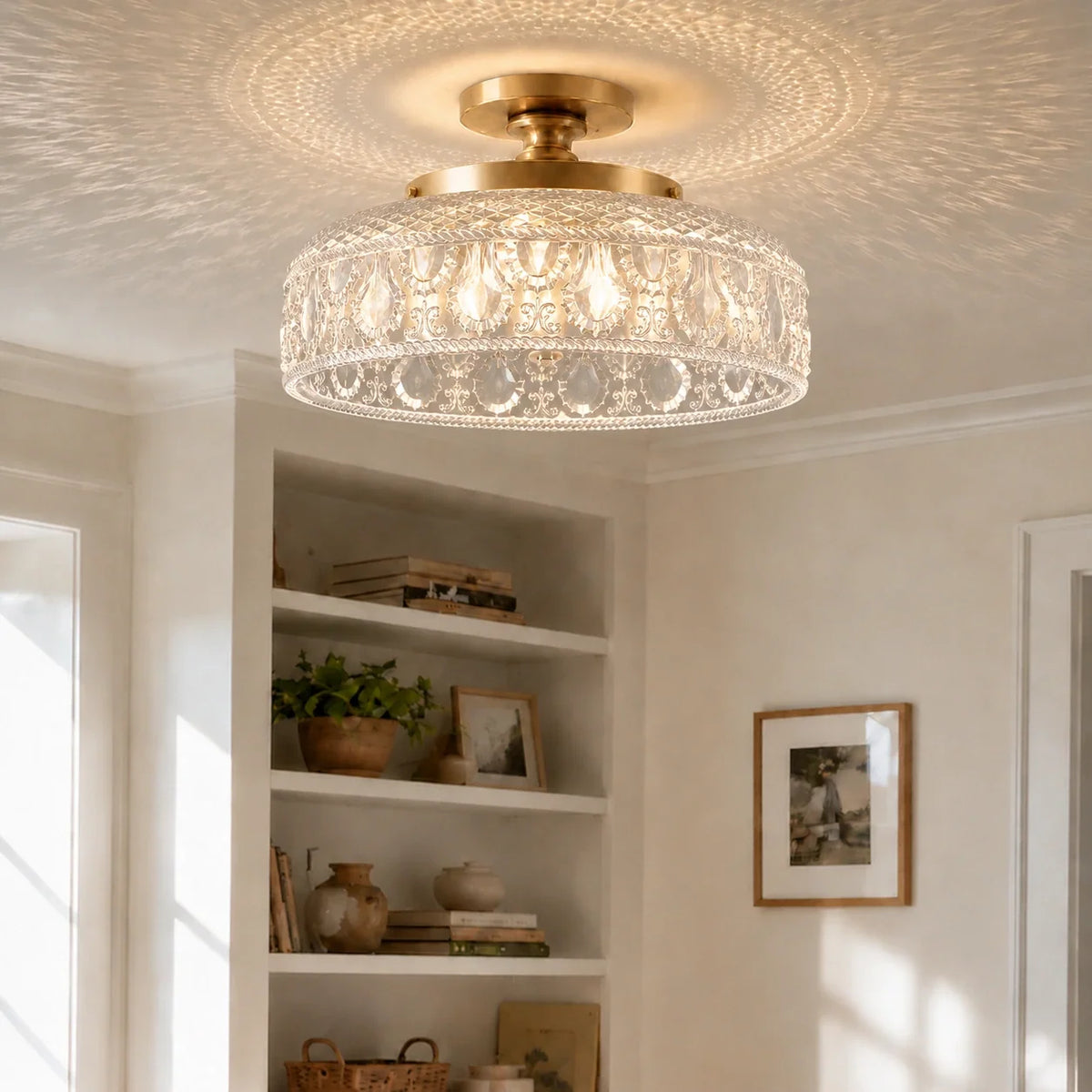 Textured Glass Ceiling Light, Carved Disc Flush Mount