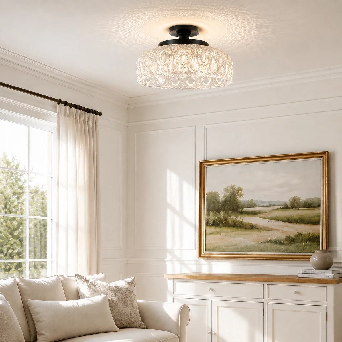 Textured Glass Ceiling Light, Carved Disc Flush Mount