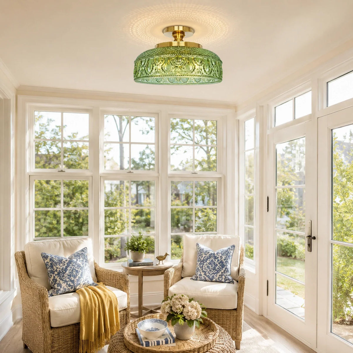 Textured Glass Ceiling Light, Carved Disc Flush Mount