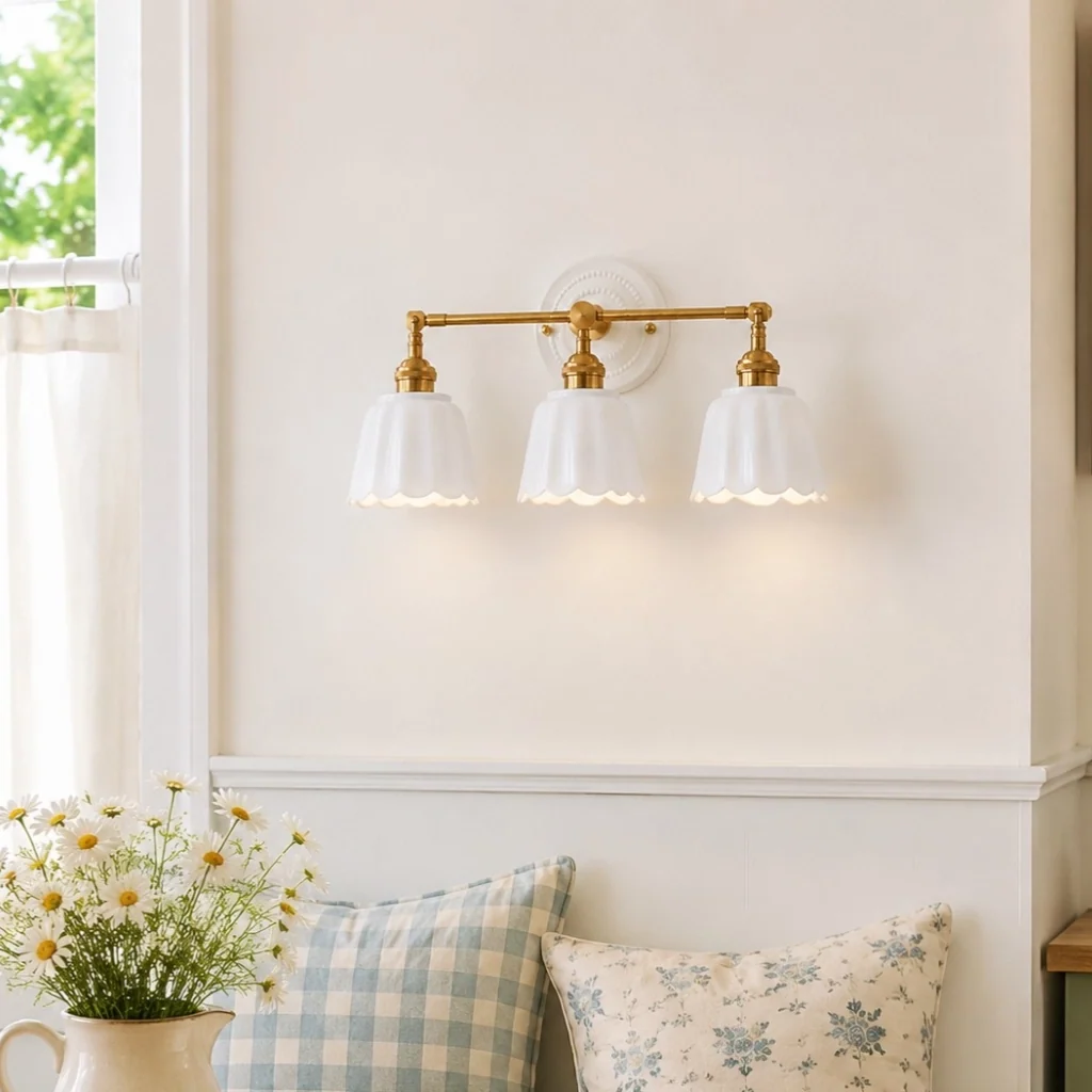 Ceramic Flower Wall Sconce, Vintage Brass, 1, 2 or 3 Light