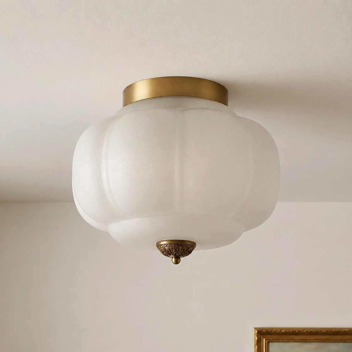 Milk Glass Semi Flush Mount, Pumpkin Shade 3 Light Ceiling