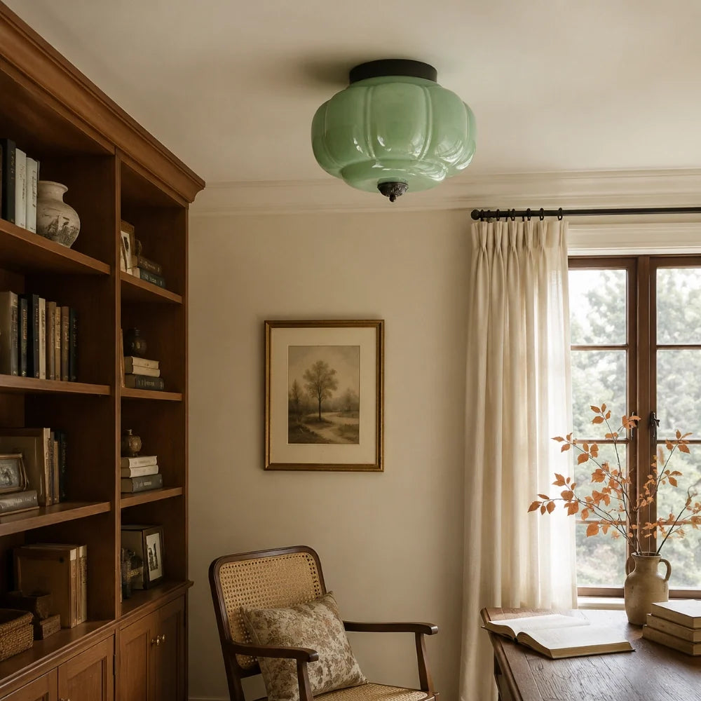 Milk Glass Semi Flush Mount, Pumpkin Shade 3 Light Ceiling
