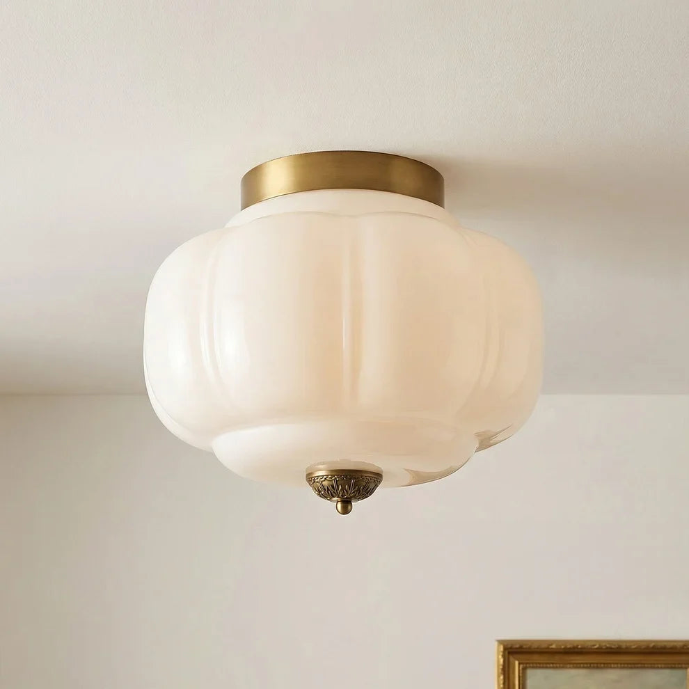Milk Glass Semi Flush Mount, Pumpkin Shade 3 Light Ceiling
