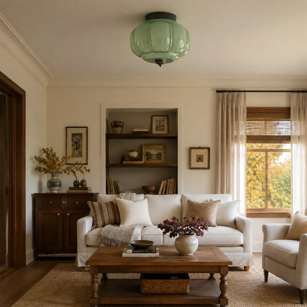 Milk Glass Semi Flush Mount, Pumpkin Shade 3 Light Ceiling
