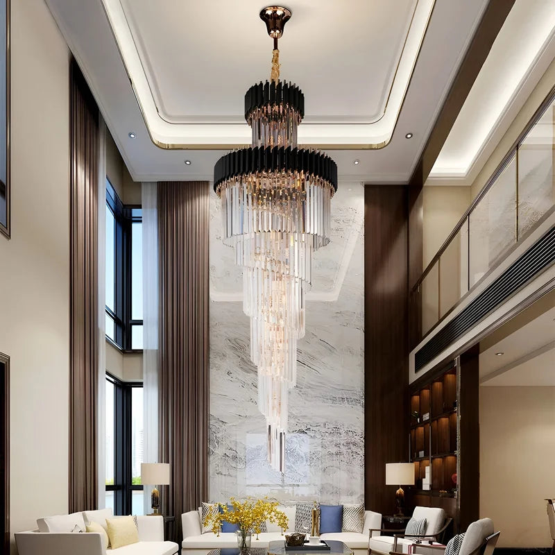 Art Deco Crystal Staircase Chandelier, Black or Gold Tiered