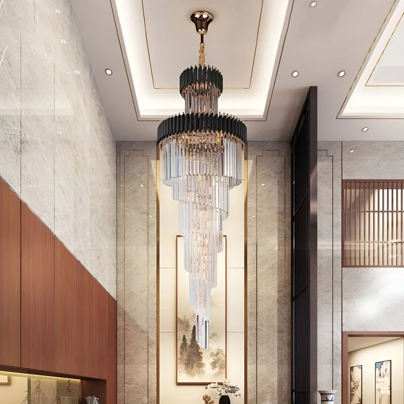 Art Deco Crystal Staircase Chandelier, Black or Gold Tiered