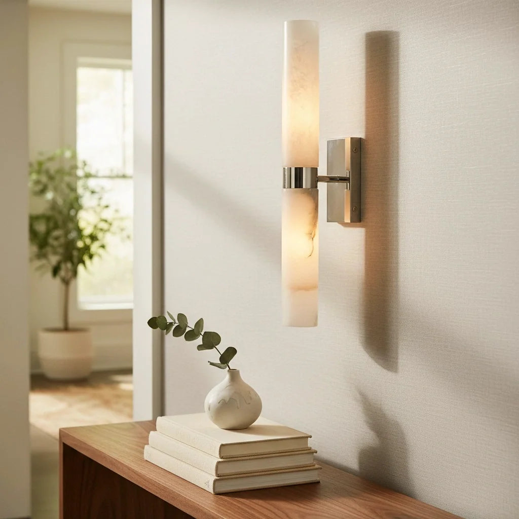 Alabaster Double Tube Sconce, Twin Cylinder Tall Wall Light