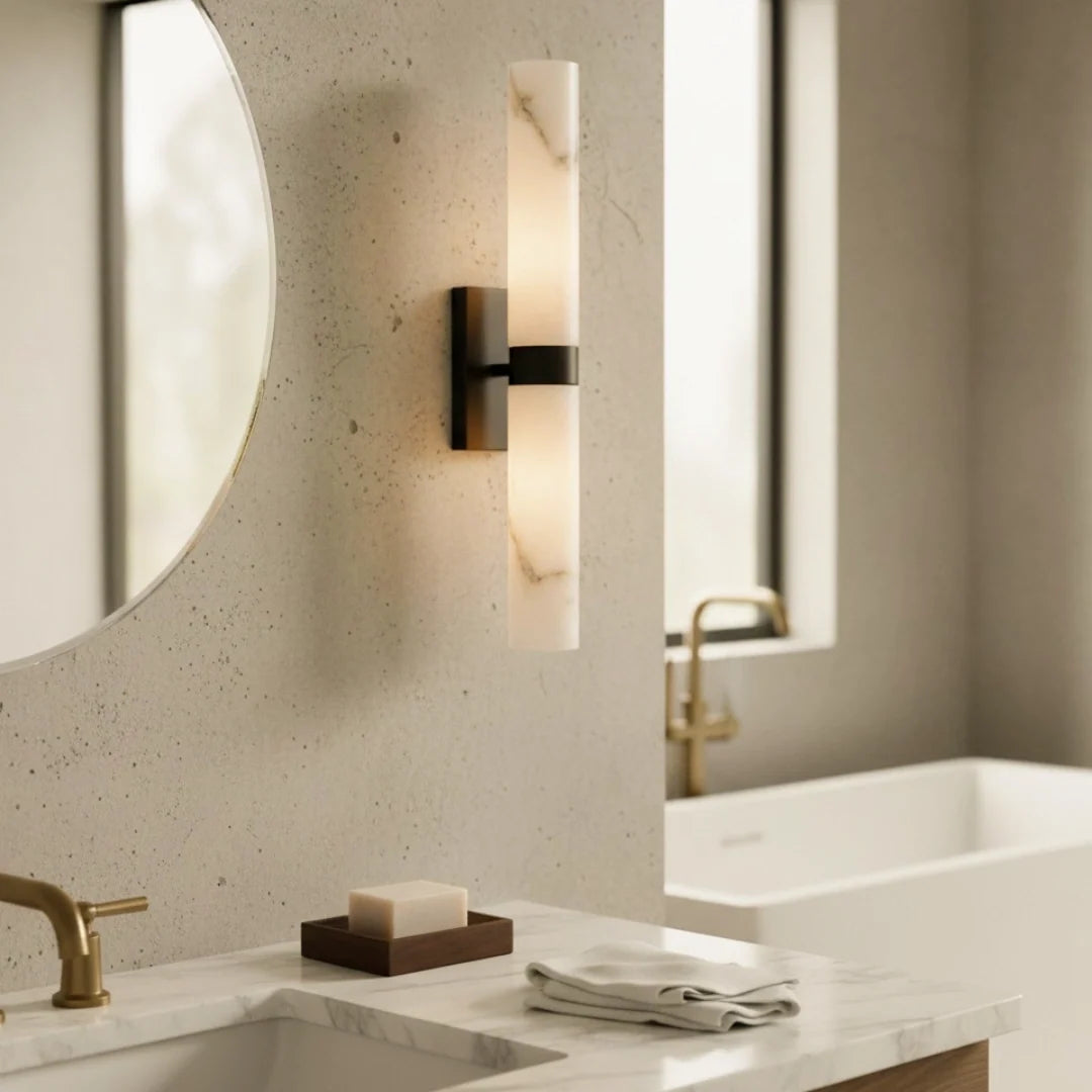 Alabaster Double Tube Sconce, Twin Cylinder Tall Wall Light