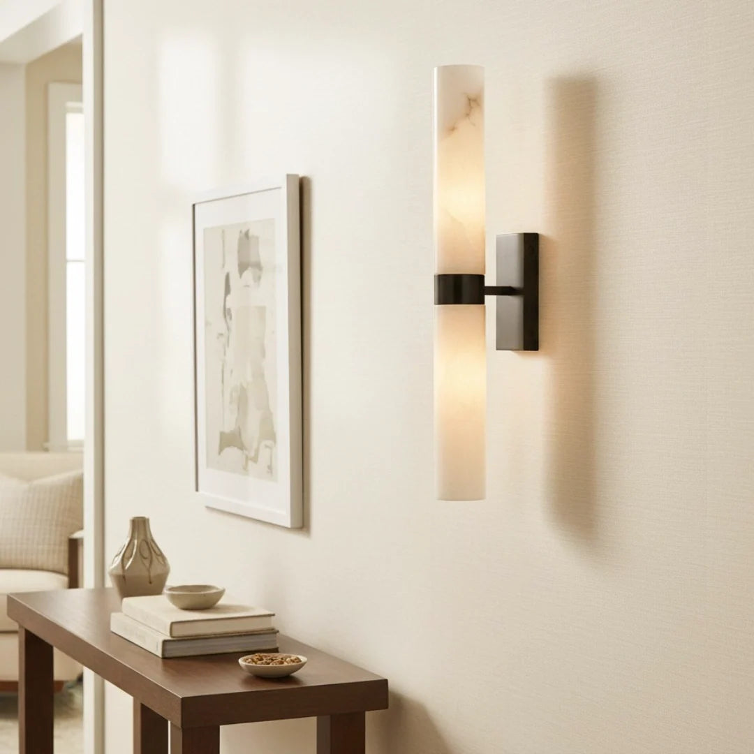 Alabaster Double Tube Sconce, Twin Cylinder Tall Wall Light