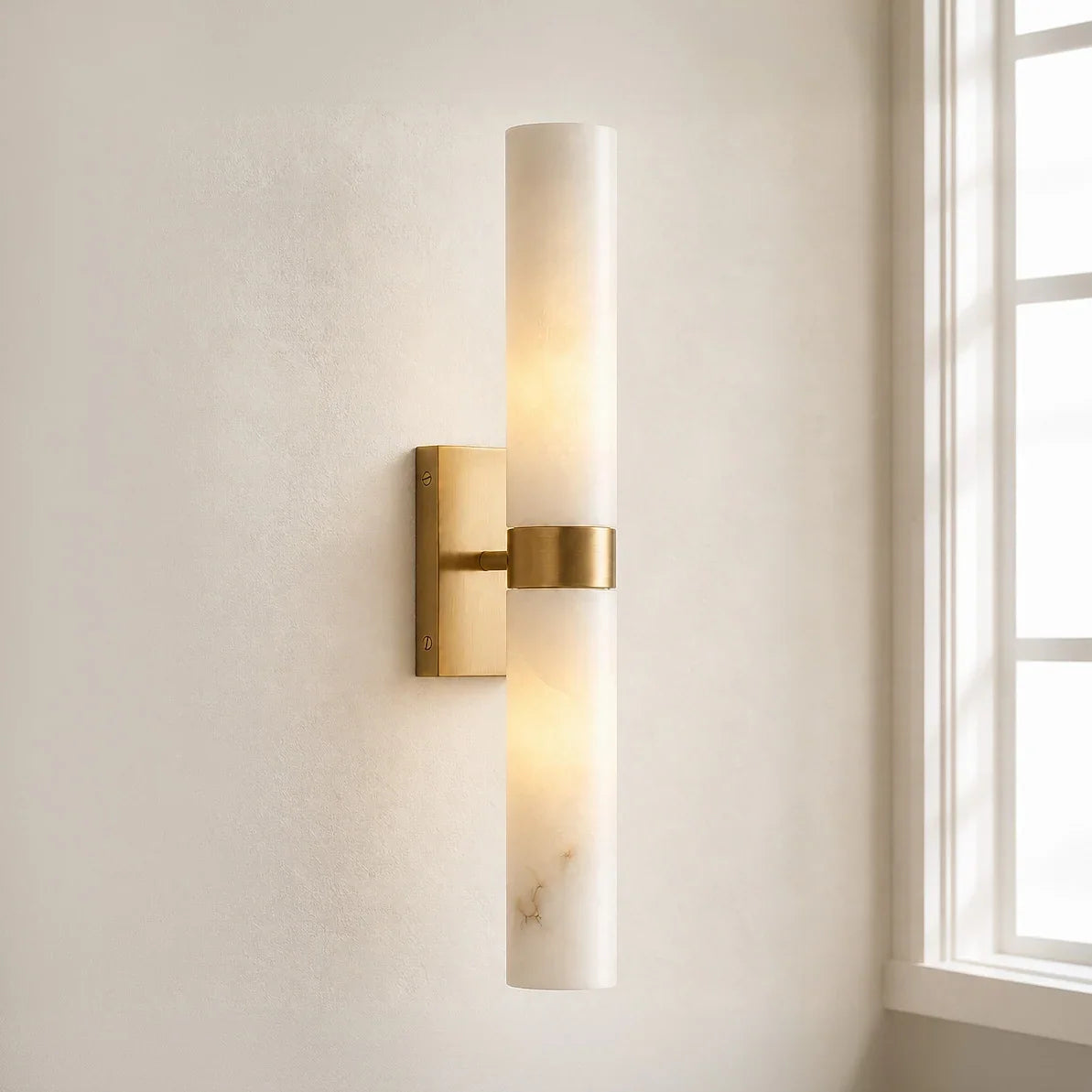 Alabaster Double Tube Sconce, Twin Cylinder Tall Wall Light