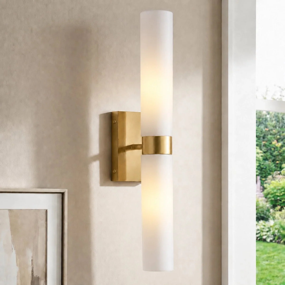 Alabaster Double Tube Sconce, Twin Cylinder Tall Wall Light