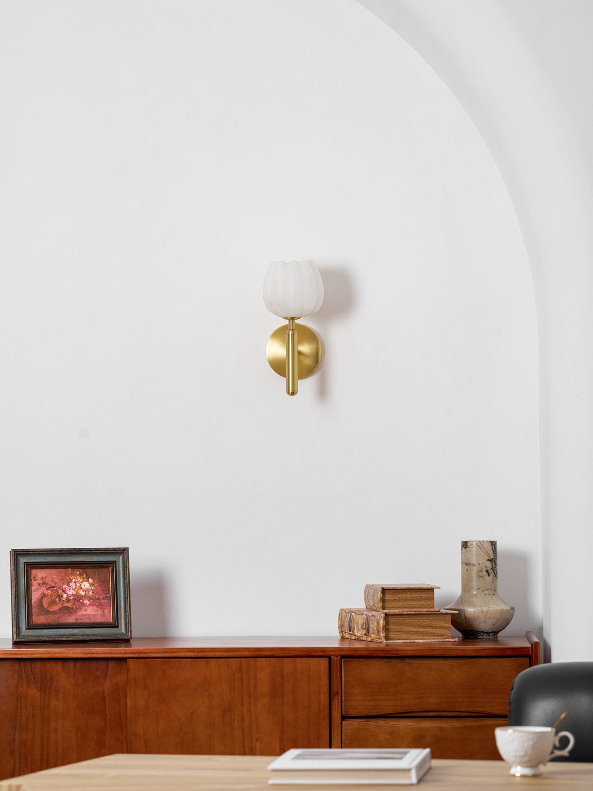 Alabaster Flower Wall Sconce, Brass or Black Bedside Light