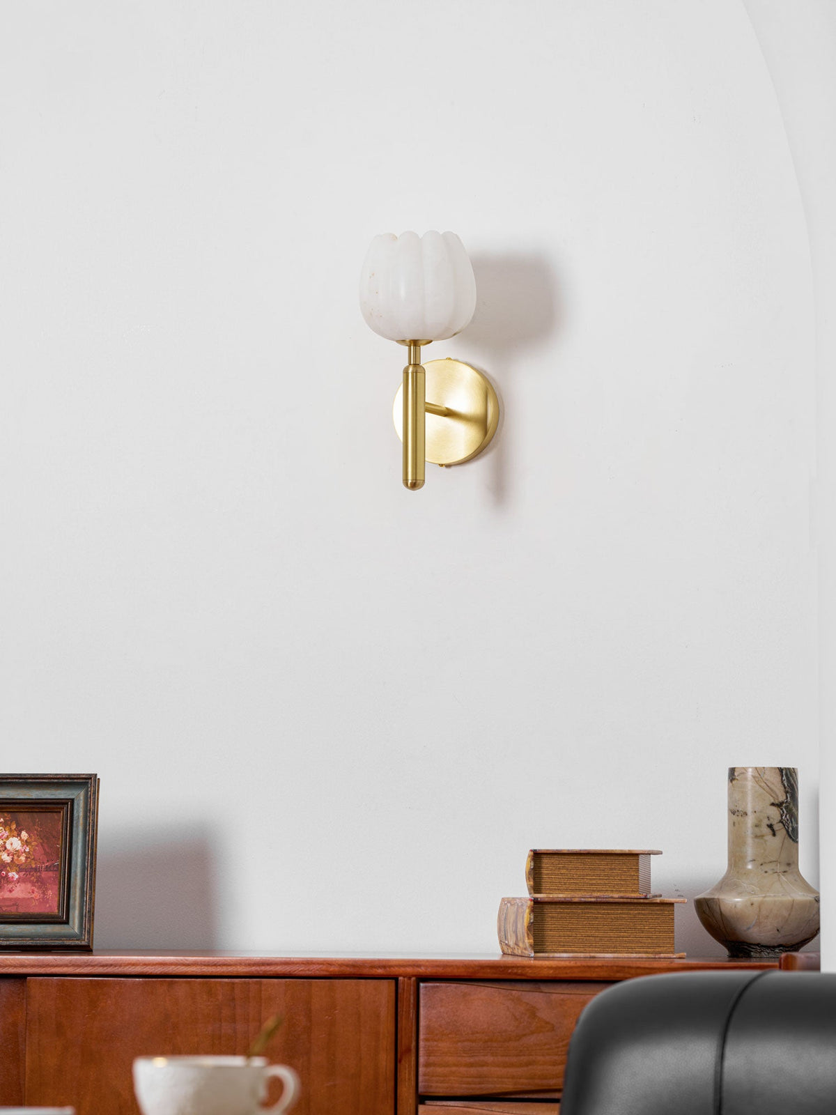 Alabaster Flower Wall Sconce, Brass or Black Bedside Light