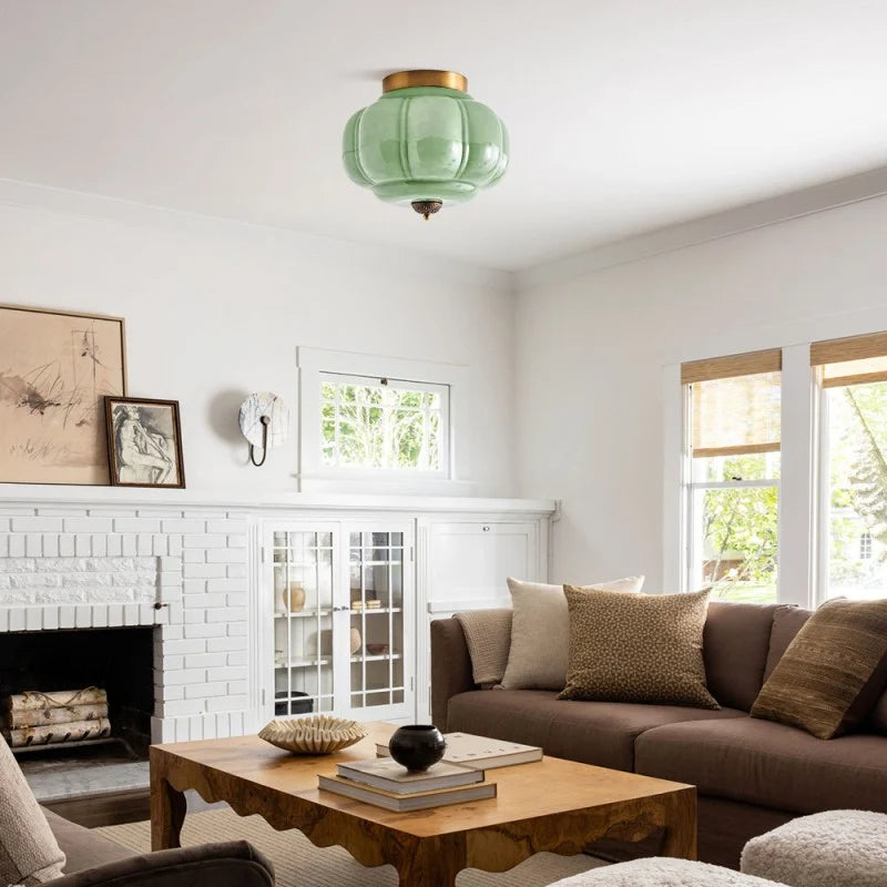 Milk Glass Semi Flush Mount, Pumpkin Shade 3 Light Ceiling