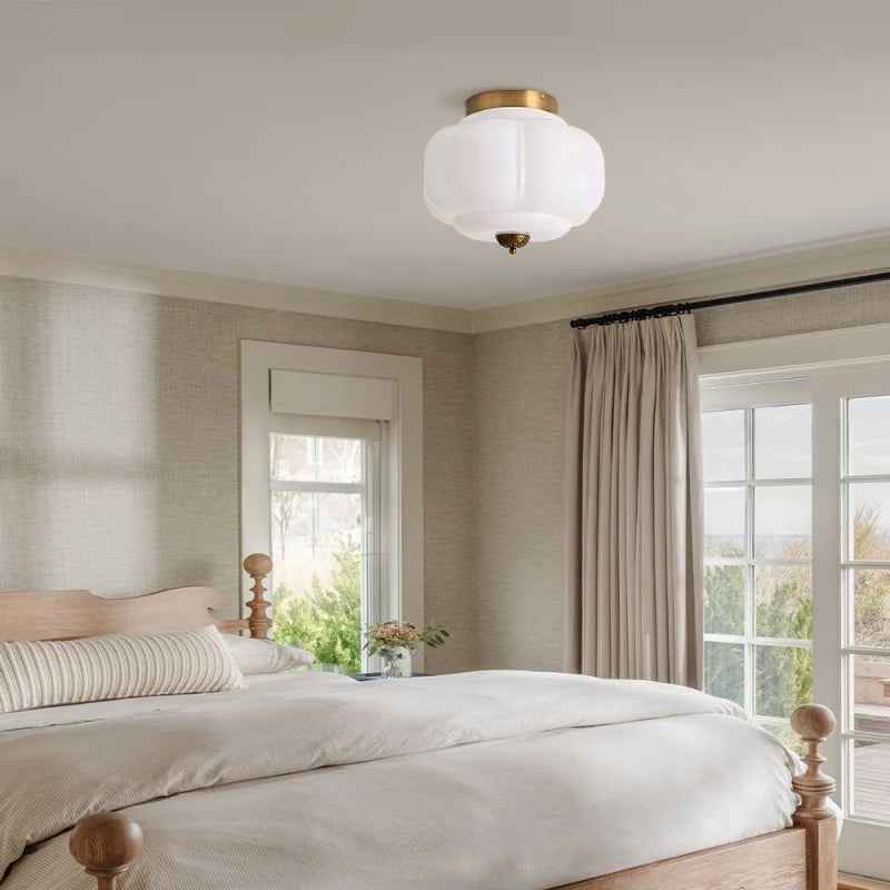 Milk Glass Semi Flush Mount, Pumpkin Shade 3 Light Ceiling