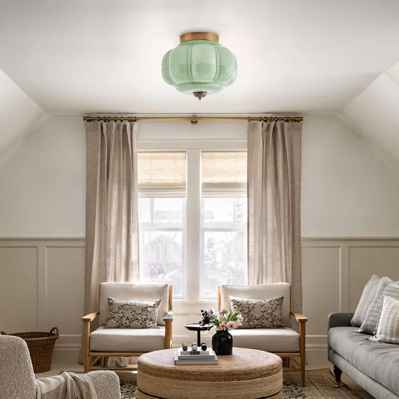 Milk Glass Semi Flush Mount, Pumpkin Shade 3 Light Ceiling