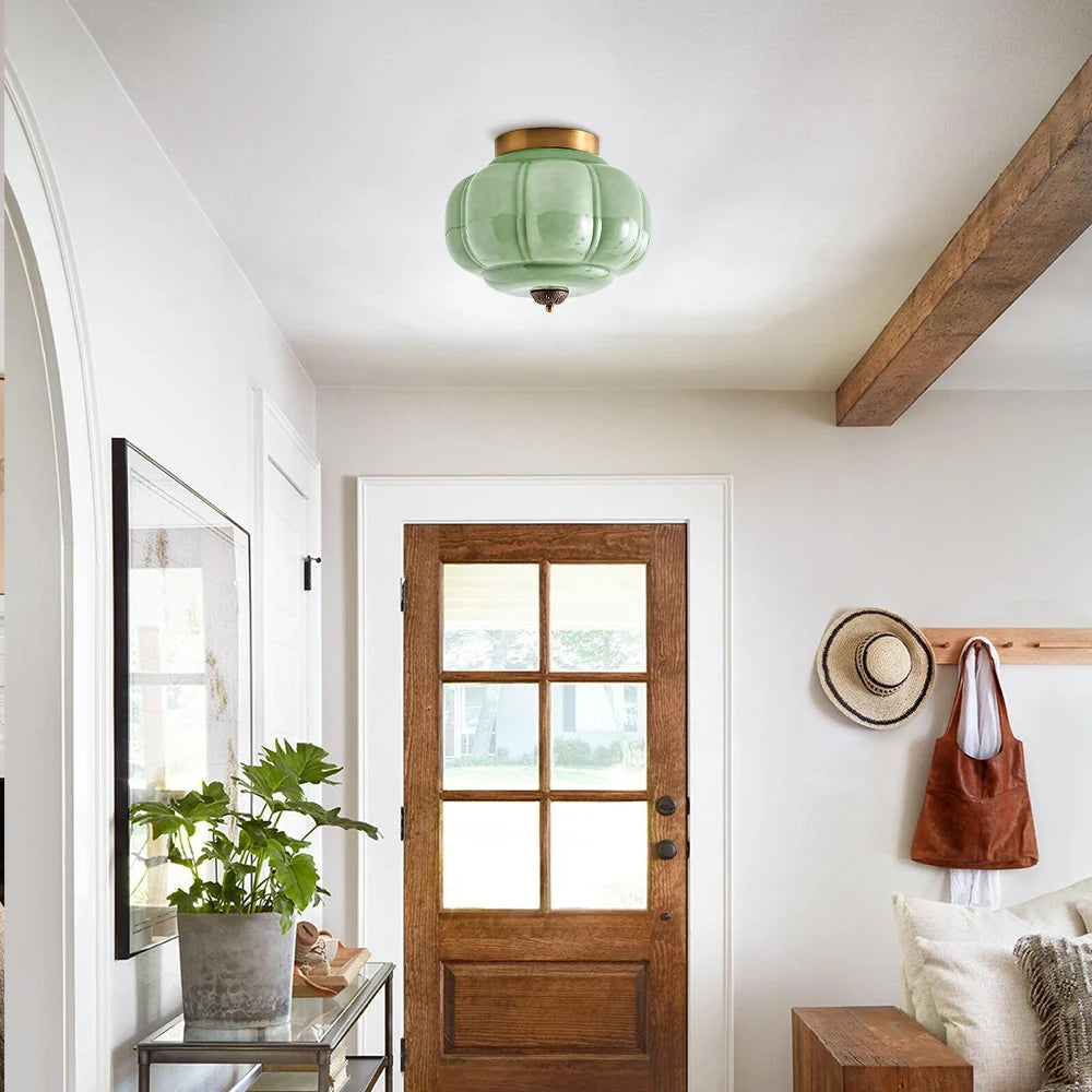 Milk Glass Semi Flush Mount, Pumpkin Shade 3 Light Ceiling