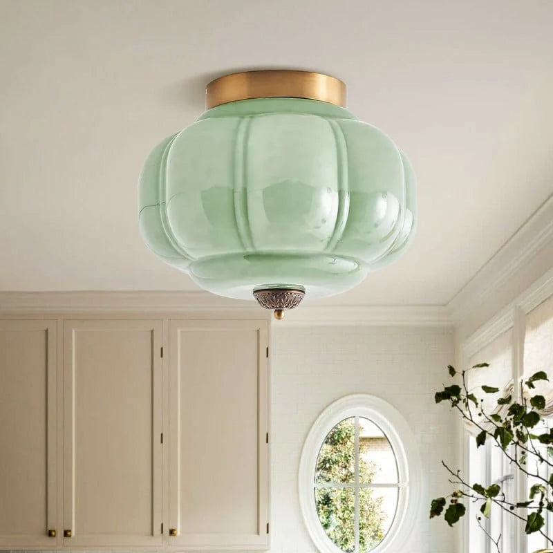 Milk Glass Semi Flush Mount, Pumpkin Shade 3 Light Ceiling