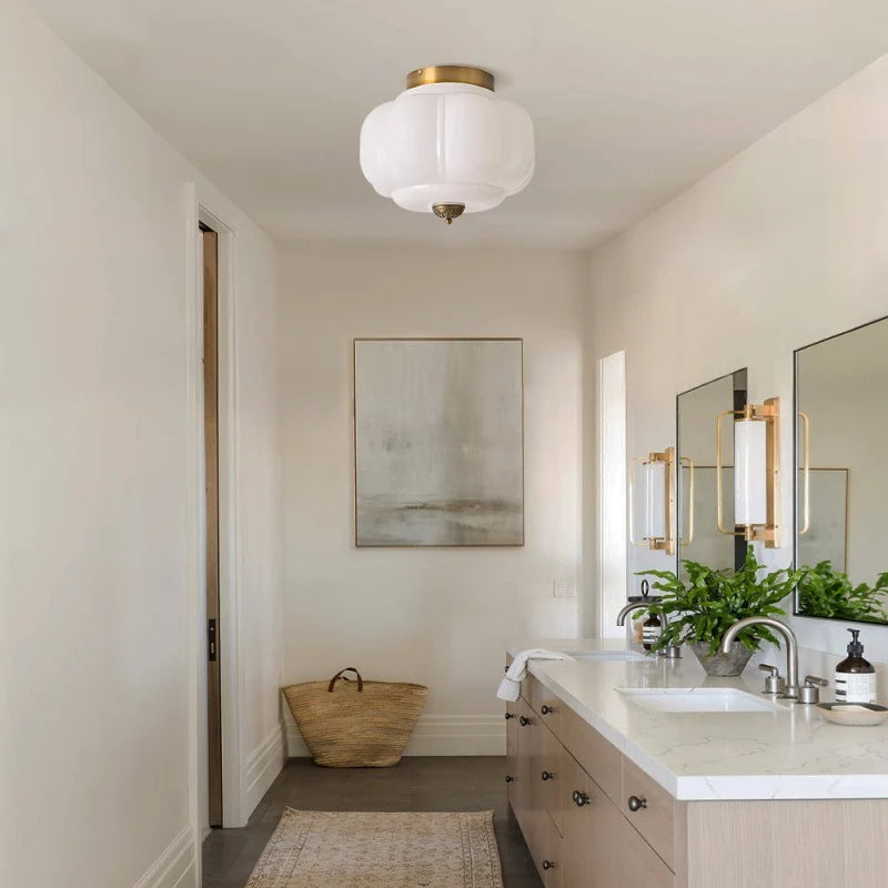 Milk Glass Semi Flush Mount, Pumpkin Shade 3 Light Ceiling