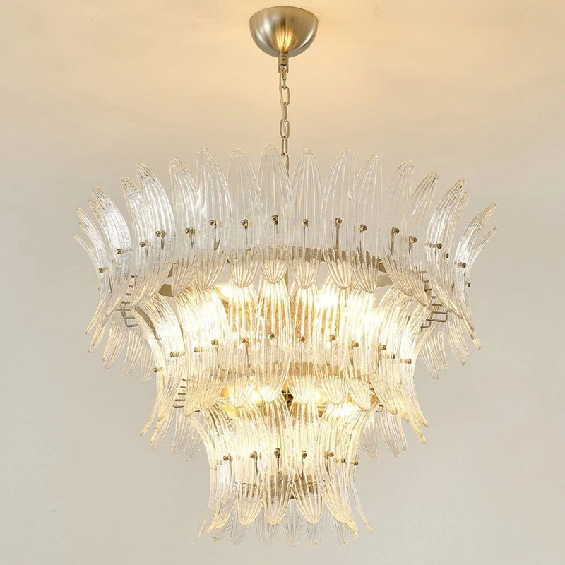 Clear Glass Palm Leaf Chandelier, Hand-Blown Luxury Light