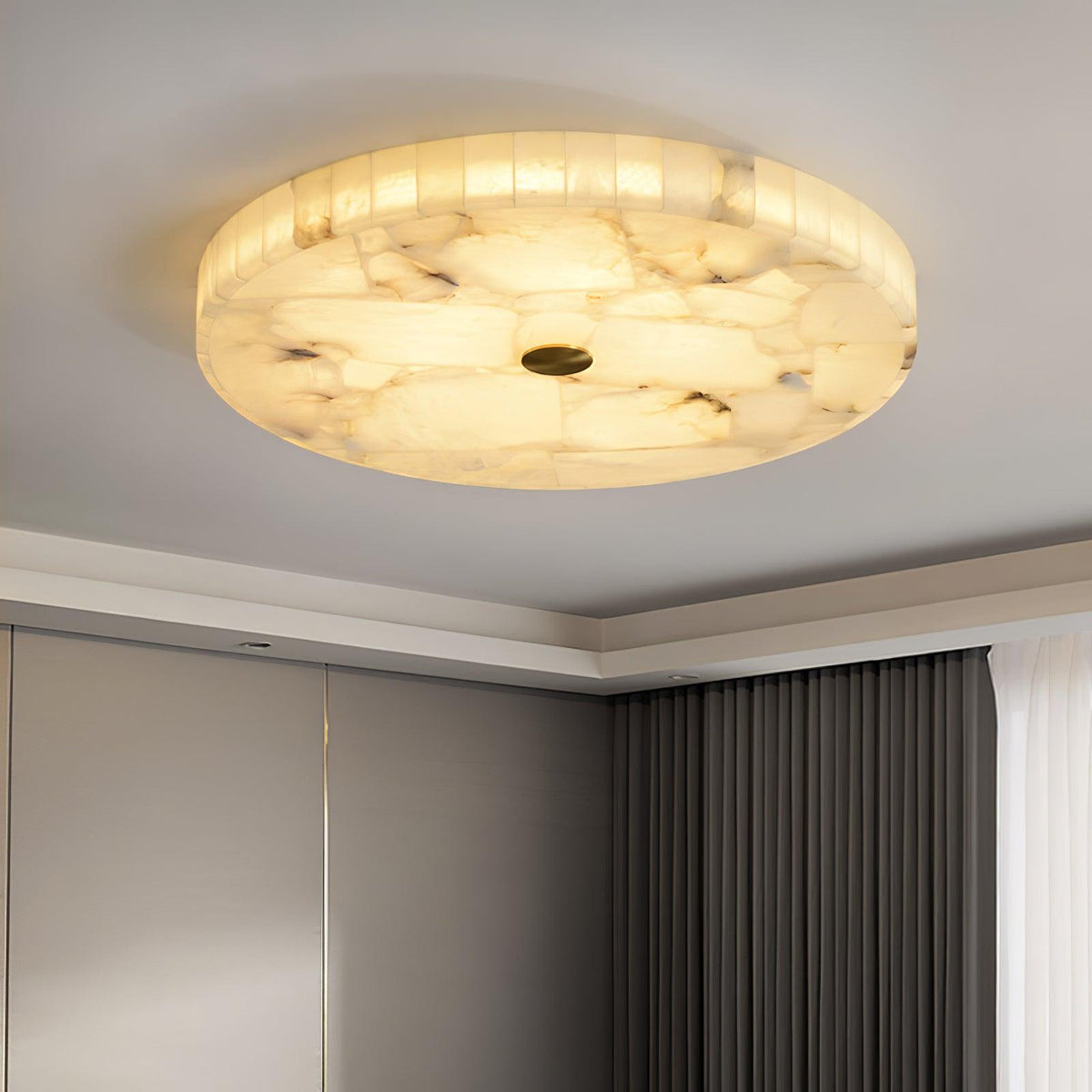 Alabaster Flush Mount Light, Round Mosaic Stone LED Lamp