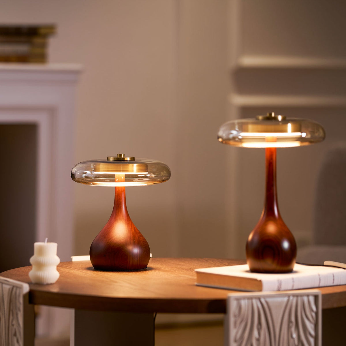 Amber Glass Table Lamp, Curved Walnut Base Bedside Lamp