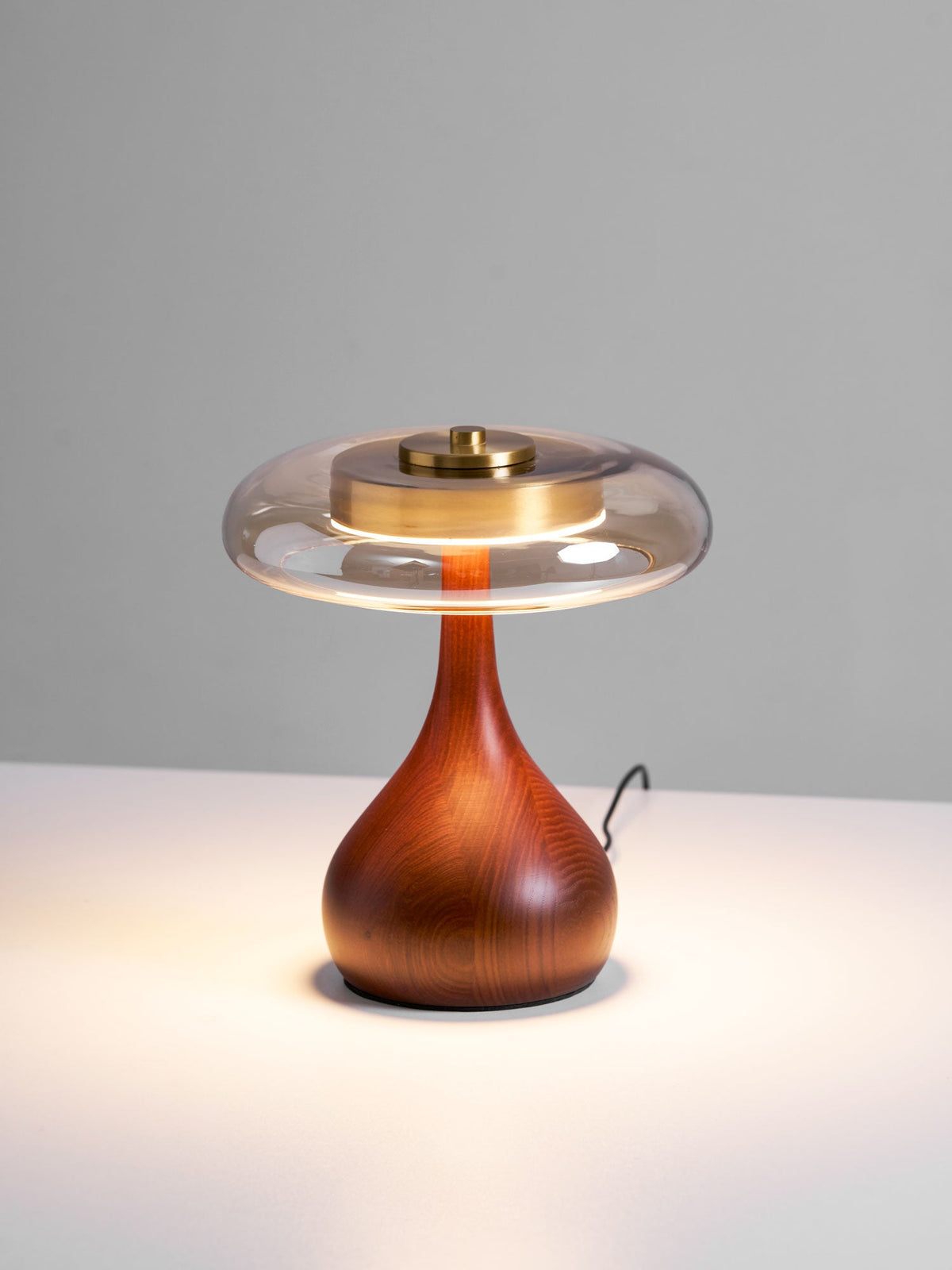 Amber Glass Table Lamp, Curved Walnut Base Bedside Lamp