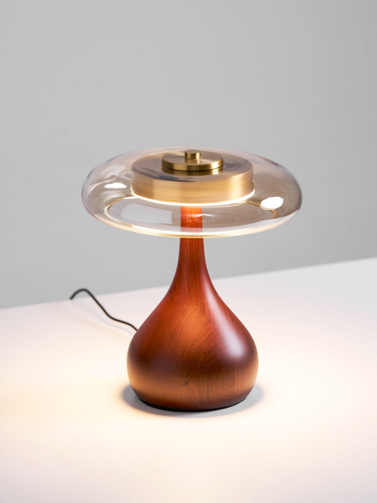Amber Glass Table Lamp, Curved Walnut Base Bedside Lamp