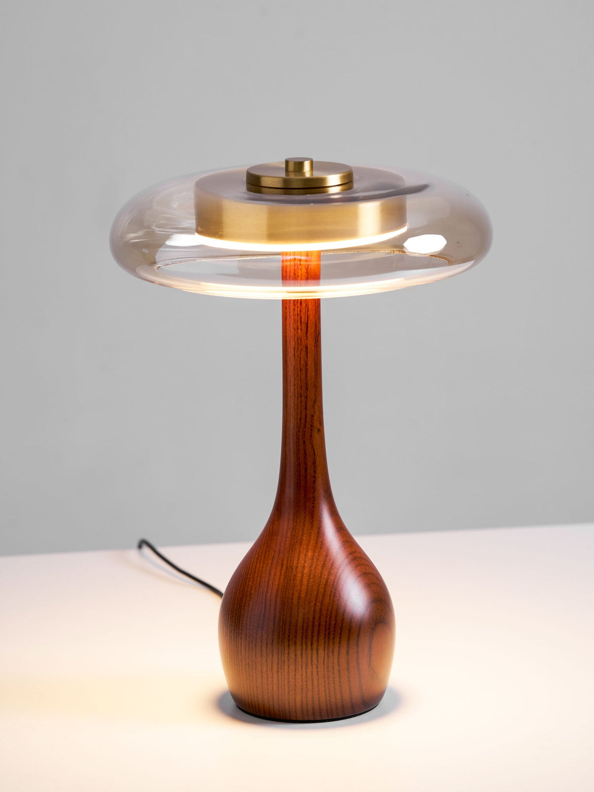 Amber Glass Table Lamp, Curved Walnut Base Bedside Lamp